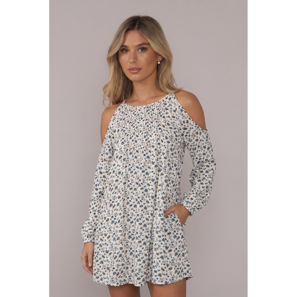 Old Navy Cold Shoulder Dress Womens Medium White Floral Excellent Pintuck Boho